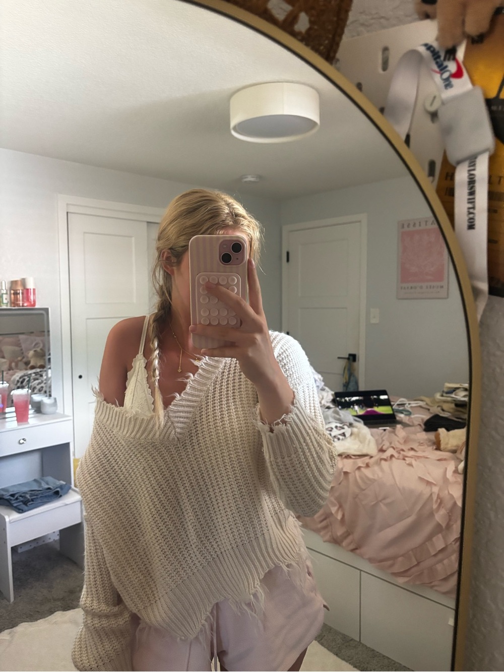 Altar'd State Cream Distressed Off-Shoulder V-Neck Sweater